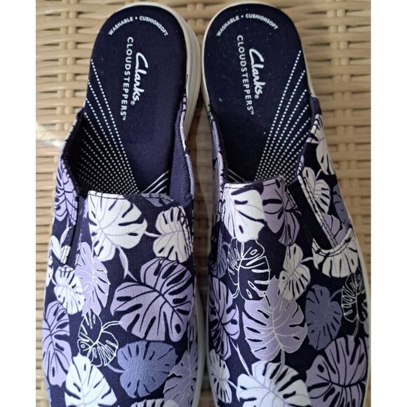 Clarks CloudSteppers Women's 12 Breeze Canvas Slip-on Mules Purple Tropical Leaf - Picture 2 of 8